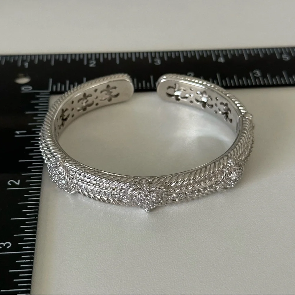 Judith Ripka Clear CZ Triple Heart Diamonique Heavy Silver Cuff Bracelet
